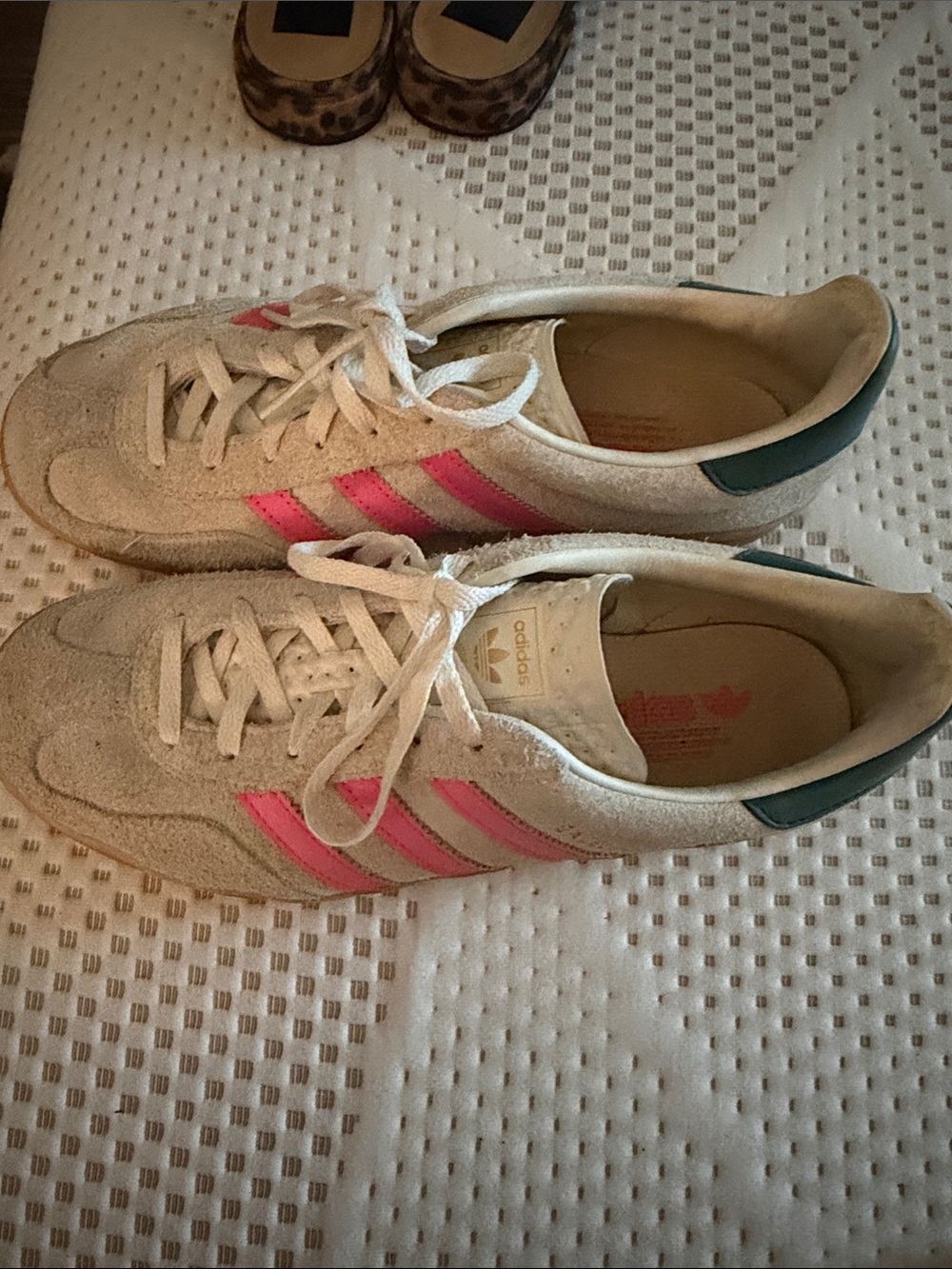 adidas White Suede Sneakers with Pink Stripes and Green Heel